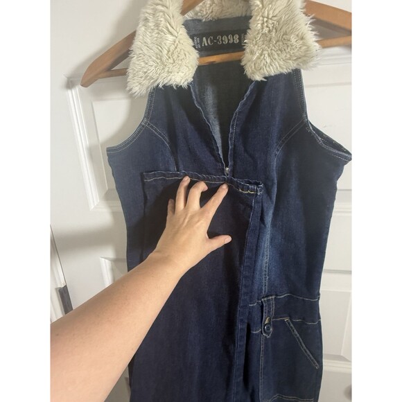 VTG AC-3998 Denim Jumpsuit Womens L Sherpa Collar Dark Wash Bootcut Y2K Festival - Picture 12 of 14